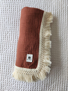 Coffee 100% Cotton Muslin Fringe Swaddle