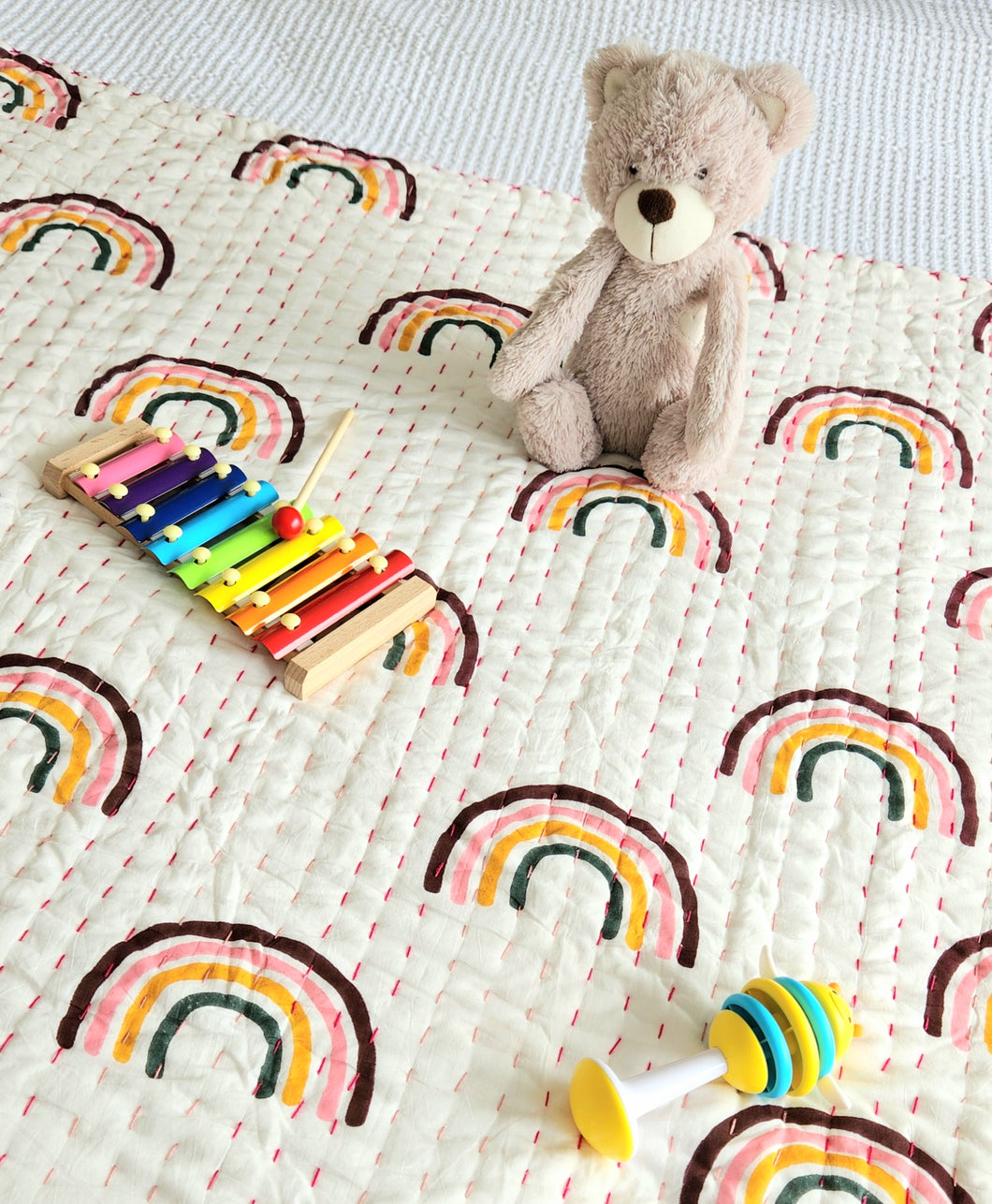 Rainbow Kantha Cot Quilt - Reversible