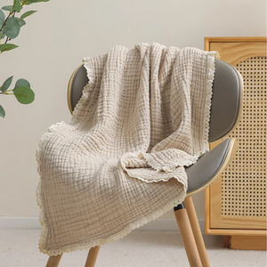Beige Lace Trim 100% Cotton Gauze Blanket & Towel