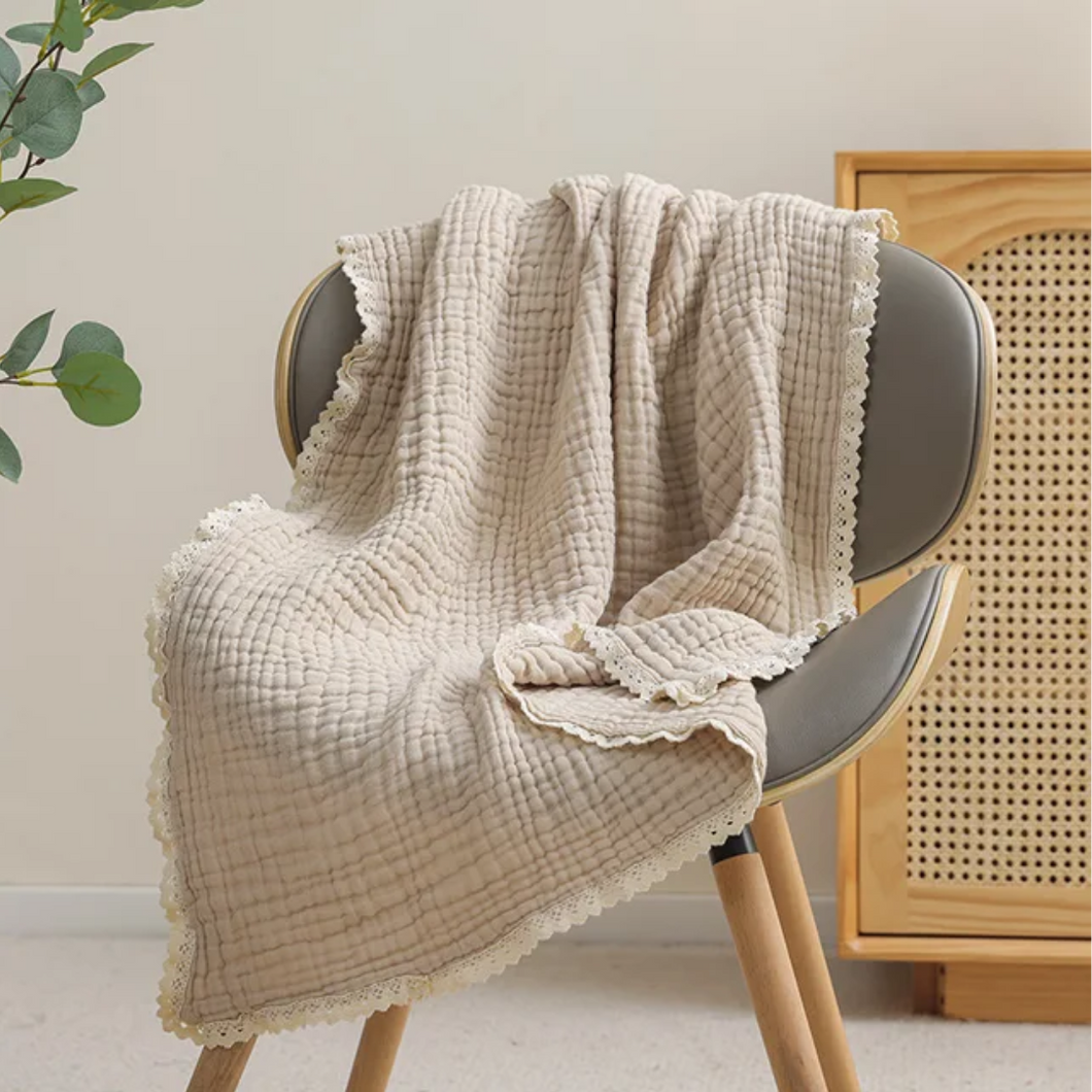 Beige Lace Trim 100% Cotton Gauze Blanket & Towel