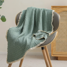 Load image into Gallery viewer, Dark Sage Lace Trim 100% Cotton Gauze Blanket &amp; Towel
